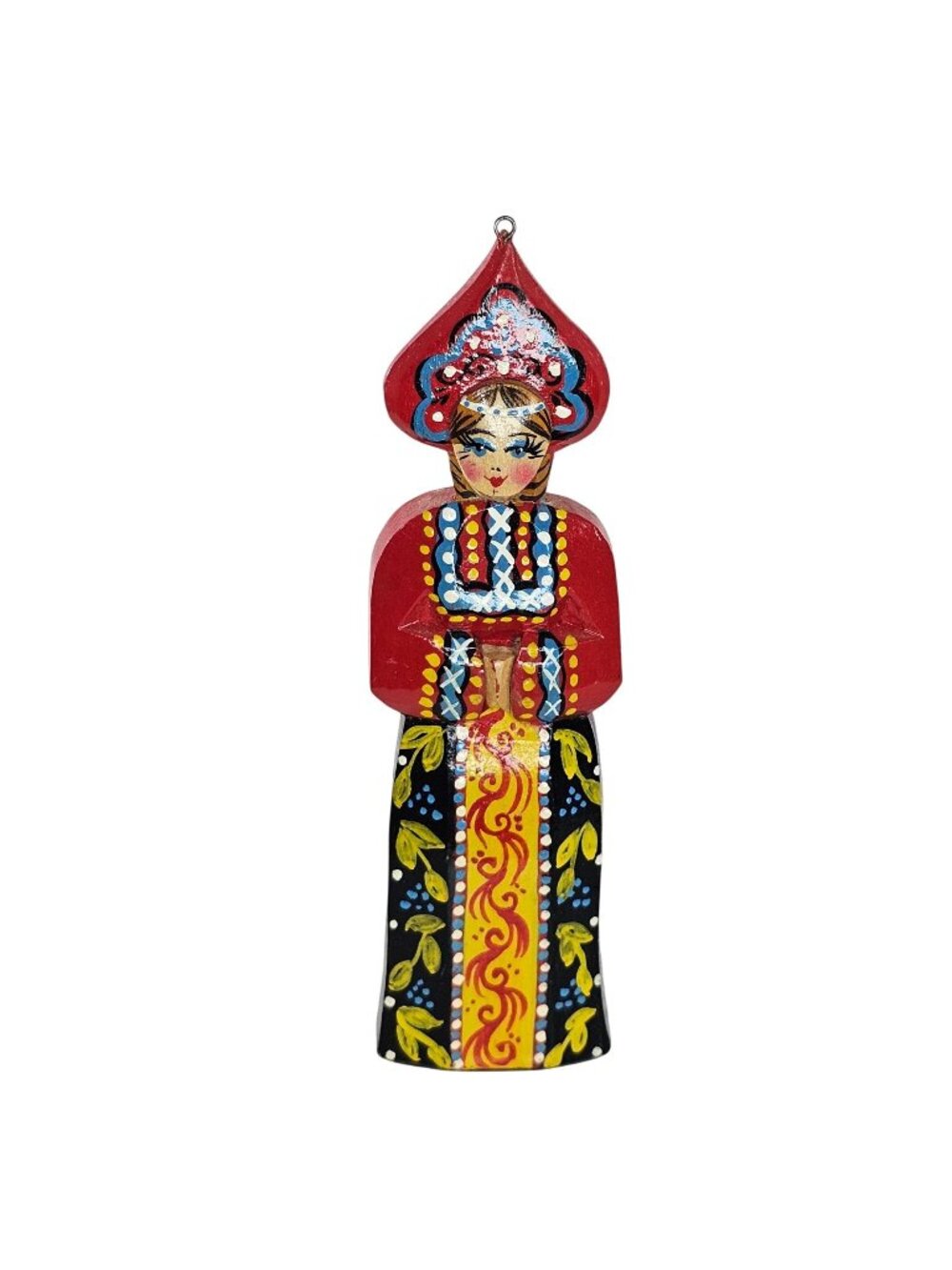 Russian Wooden Hand Painted Doll Ornament Folk Art Decor 4.75" Tall Red & Black